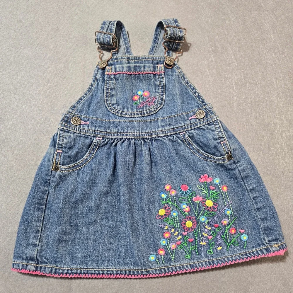 OshKosh B'gosh Baby Girls Blue Denim Floral Embroidered Jumper Dress 18 Months